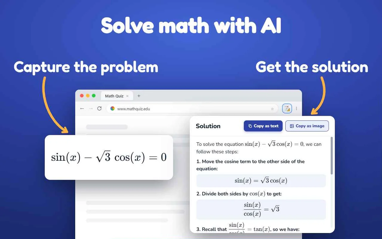A math problem captured from a page on the left, and Geometry Solver showing the step-by-step solution on the right