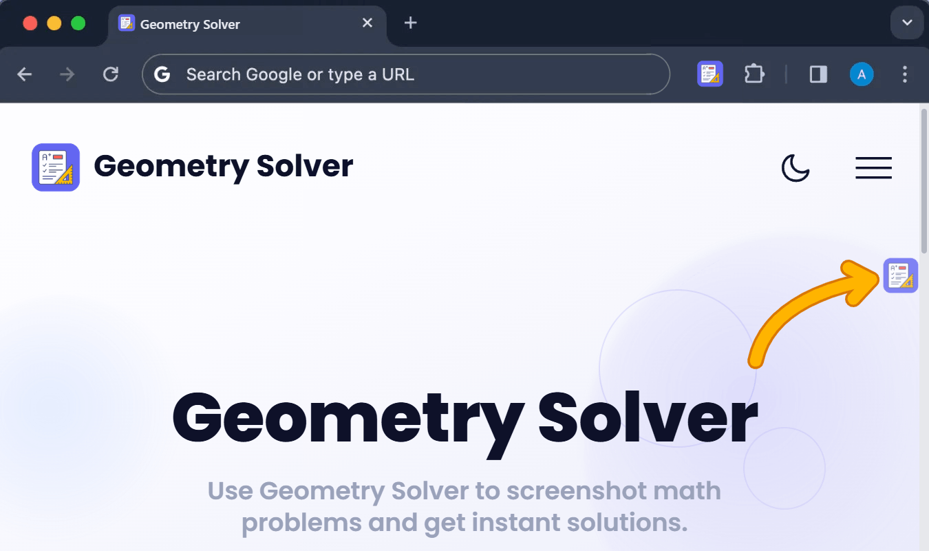 A floating Geometry Solver icon docked at the right edge of a web page, with an arrow pointing to it