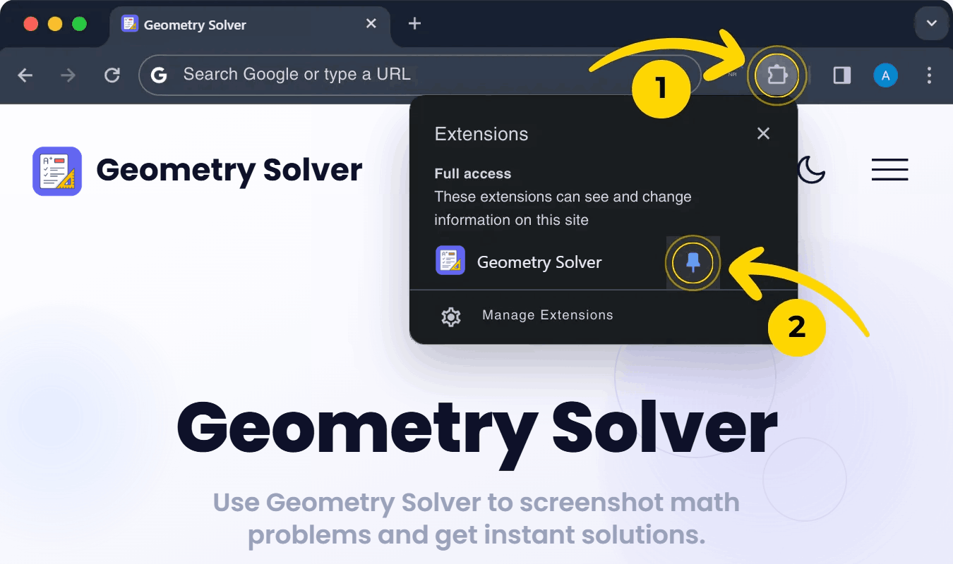 Chrome toolbar with the extensions menu open and the Geometry Solver pin icon highlighted